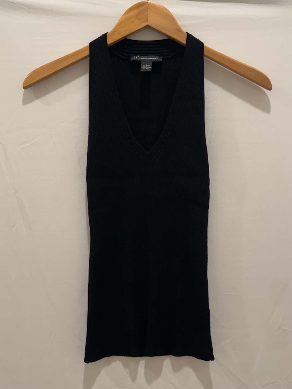 INC International Concepts Black Ribbed V-Neck Sleeveless Tank Women L
